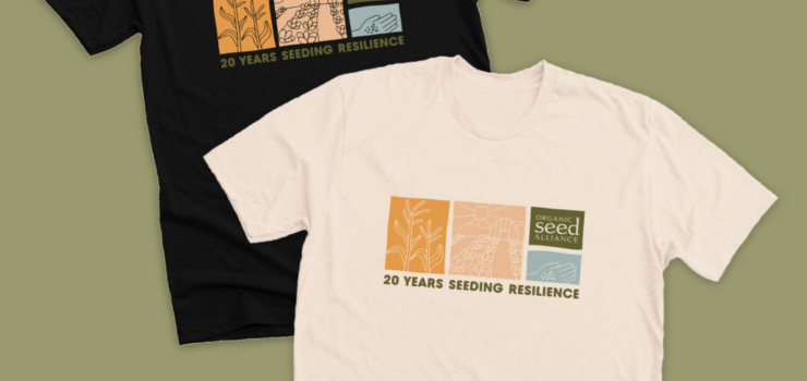 Celebrate our 20th anniversary with a new shirt. Pictured: OSA's new "20 Years Seeding Resilience" shirts, shown in black and cream fabric, on a green background.