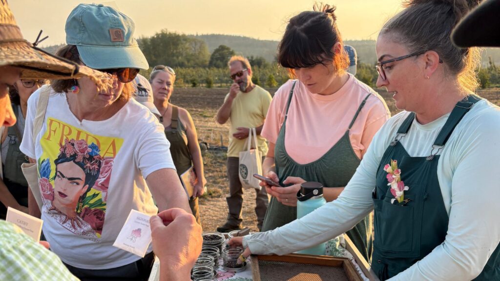 A group of people gathers around a table in a field at sunset. In the foreground, a person with a "Frida" t-shirt reaches for a small packet. A woman in a green apron and a man in a yellow shirt stand behind the table, with others visible in the background.