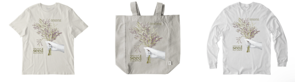 picture of Organic Seed Alliance branded t-shirt, tote bag, and long sleeve tee